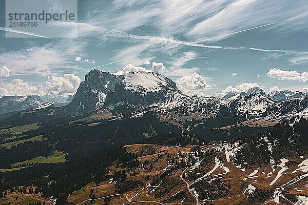 Panoramic view from the Seiser Alm to the Dolomites in Italy  drone shot