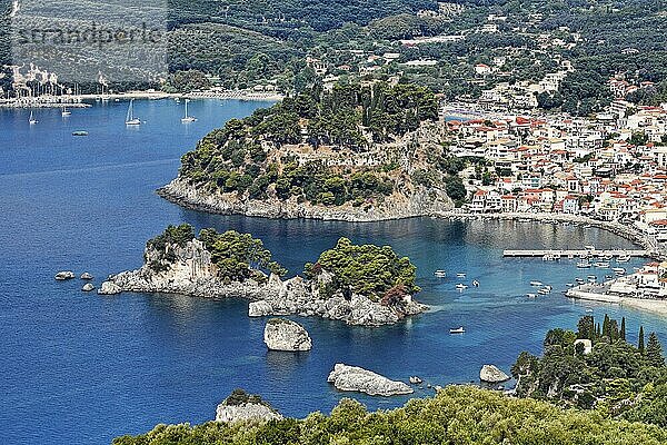 Aerial shot of the beautiful bay of Parga  Greece  Europe