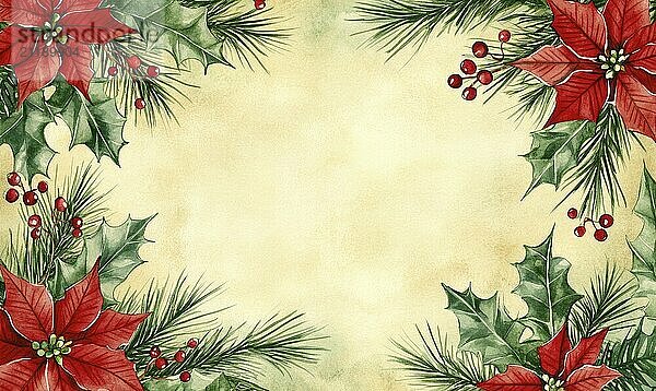 A white background with red poinsettias and green leaves. The leaves are green and they are arranged in a way that creates a border around the poinsettias AI generated