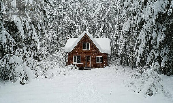 Eine Hütte im Wald ist mit Schnee bedeckt. Die Hütte ist klein und gemütlich  mit einem Holzofen und einem Kamin. Der Schnee vor der Hütte schafft eine friedliche und heitere Atmosphäre  die KI erzeugt  KI generiert