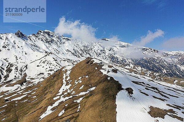 Panoramic view from the Seiser Alm to the Dolomites in Italy  drone shot