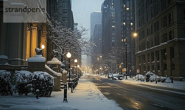 Eine verschneite Stadtstraße mit ein paar Bäumen und Straßenlaternen Der Schnee bedeckt den Boden und die Bäume und verleiht der Szene eine friedliche und ruhige Atmosphäre AI erzeugt  KI generiert