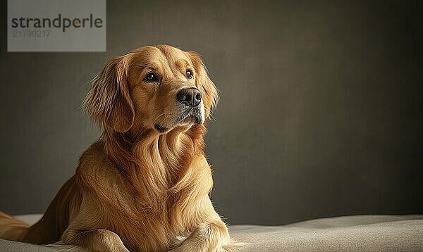 Ein Golden Retriever liegt auf einem Bett und blickt in die Kamera. Der Hund scheint entspannt und zufrieden zu sein  und das Bild vermittelt ein Gefühl von Wärme und Kameradschaft KI erzeugt  KI generiert