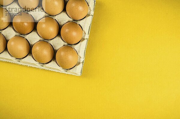 Beautiful fresh brown chicken eggs on yellow background with copy space