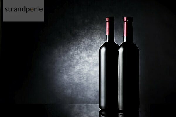 Two bottles of red wine on a black background