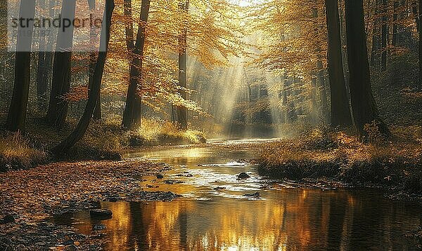 Friedliche Herbstlandschaft  dichter Wald  goldene Blätter  ruhiger Bach  weiches Sonnenlicht AI generiert  KI generiert