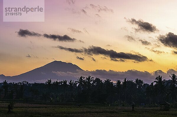 Erstaunlicher Sonnenaufgang mit Blick auf Dschungel und Vulkan in Ubud  Bali  Indonesien  Asien