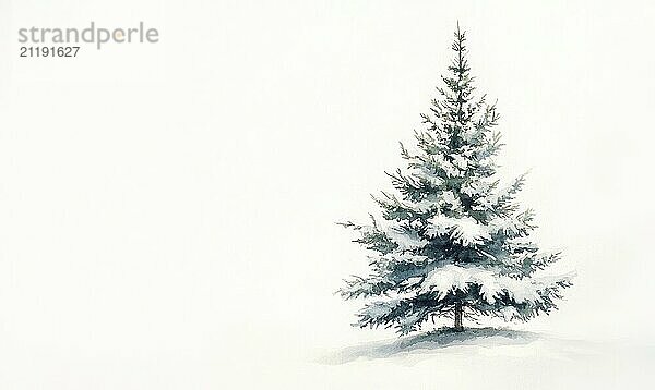 A white background with a single tree in the foreground. The tree is covered in snow and he is the only living thing in the scene. Concept of solitude and tranquility AI generated