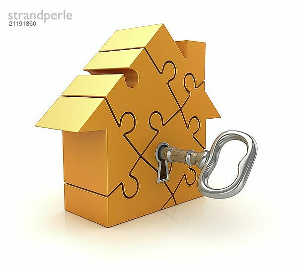 Puzzle Home with Key  This is a 3d Rendered Computer Generated Image. Isolated on White