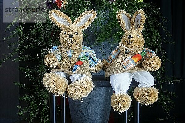 2 Osterhasen sitzen vor einem schönen Blumenschmuck