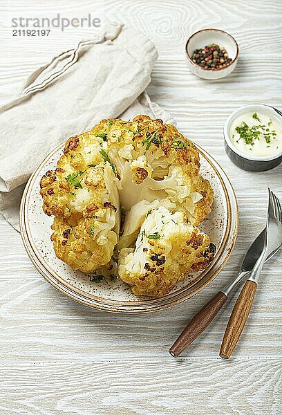 Ganze gebratene Blumenkohlkopf mit Olivenöl auf Teller auf weißem Holz rustikalen Tisch oben Ansicht mit Besteck. Vegetarisches Gericht  Foodfotografie