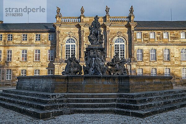 The Margrave Fountain in front of the New Palace in Bayreuth in Bavaria  Germany  Europe