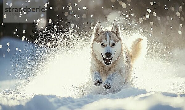 Ein Hund läuft mit herausgestreckter Zunge durch den Schnee. Die Szene ist lebendig und spielerisch  mit dem Hund genießen das Winterwetter AI erzeugt  KI generiert