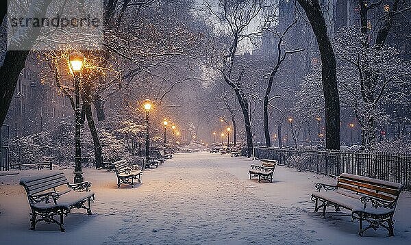 Ein verschneiter Park mit einem Weg und Bänken. Die Bänke sind mit Schnee bedeckt und der Weg wird von Straßenlampen beleuchtet. Die Szene ist friedlich und heiter  mit dem Schnee eine ruhige und ruhige Atmosphäre AI erzeugt  KI generiert