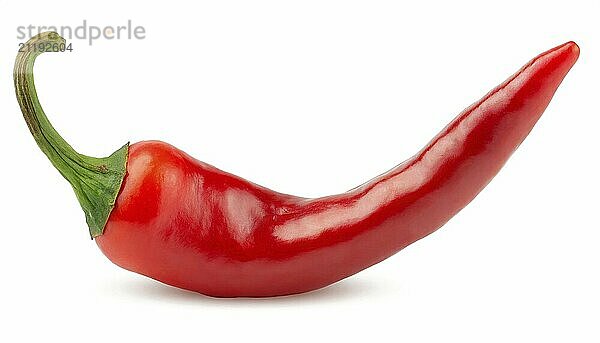 Vibrant red chili pepper with a sleek exterior and fresh green stem  set against a white backdrop