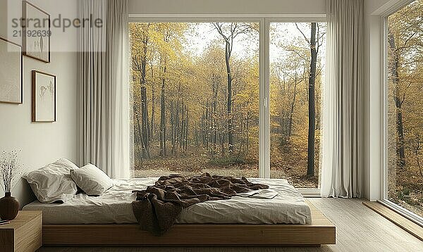 Simple Scandinavian bedroom  white walls  wooden bedframe AI generated