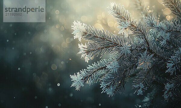 Schneebedeckte Tannenzweige vor einem dunklen  unscharfen Hintergrund mit AI erzeugtem Bokeh Licht  KI generiert