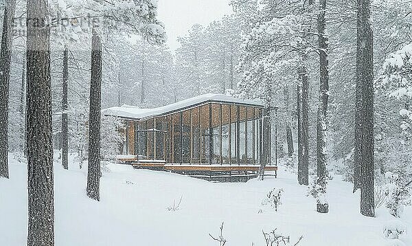 Eine kleine Hütte ist von Bäumen umgeben  die mit Schnee bedeckt sind. Die Hütte ist aus Holz gefertigt und hat ein Glasdach. Die Szene ist friedlich und heiter  mit den schneebedeckten Bäumen KI erzeugt  KI generiert