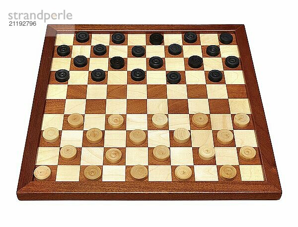 Wooden checkerboard with checkers spaced isolated on white