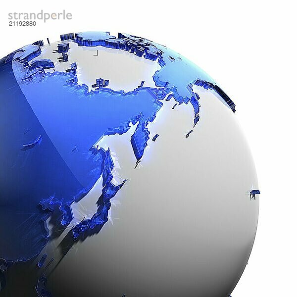 Ein Fragment der Weltkugel mit den Kontinenten aus dickem facettiertem blauem Glas  das auf hartes Licht fällt  wodurch ein ätzender Glanz auf Gesichtern. vor weißem Hintergrund