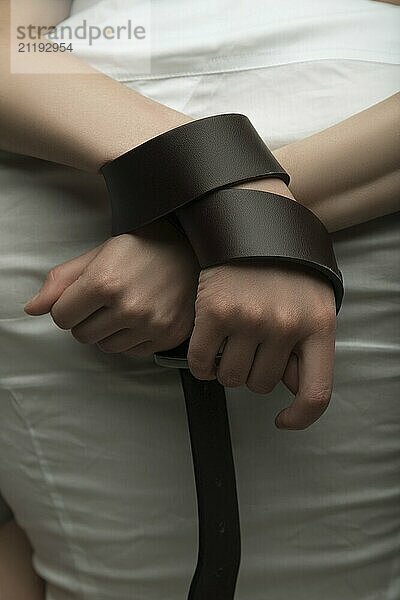 Girls hands tied up with a leather belt close up view