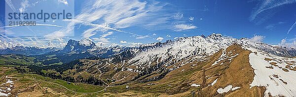 Panoramic view from the Seiser Alm to the Dolomites in Italy  drone shot