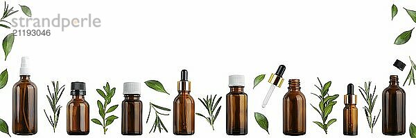 Dropper and spray bottles with oil and herbs isolated on white background flat lay view banner with copy space. Herbal cosmetics concept