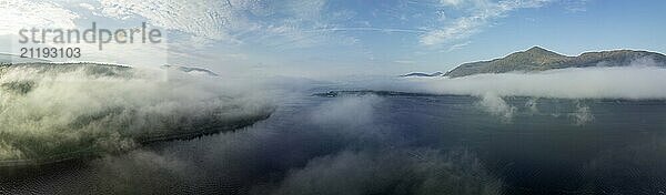 Morning fog over Loch Linnhe at the narrows near Ardgour  drone image  Western Highlands  Scotland  Great Britain