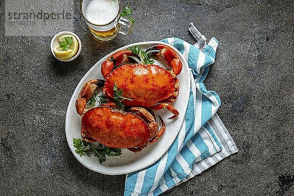 Food  Food  Whole cooked crabs on white plate with lemon and beer. Gray concrete background. Top view