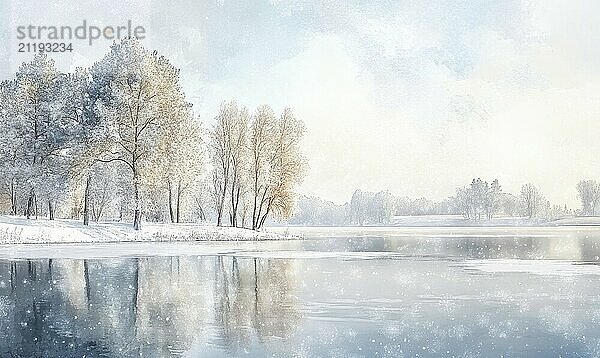 Eine heitere Winterszene mit einem See und Bäumen im Hintergrund. Die schneebedeckten Bäume sind in der Landschaft verstreut und schaffen eine schöne und friedliche Atmosphäre. Der See ist ruhig und still KI erzeugt  KI generiert