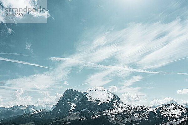 Panoramic view from the Seiser Alm to the Dolomites in Italy  drone shot