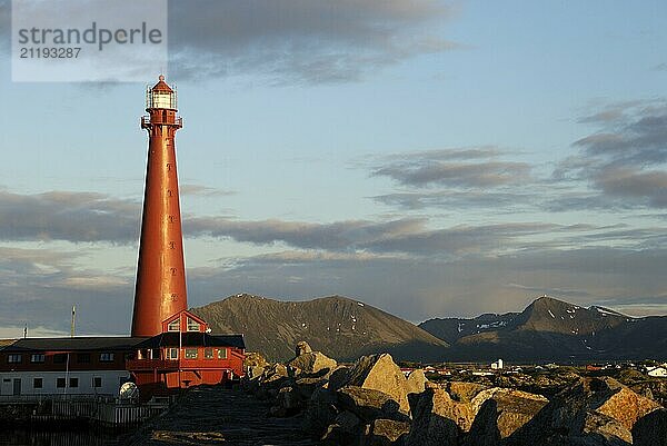 Lighthouse in Andenes in the light of the midnight sun  Andöya  Vesteralen  Nordland  Norway  Europe