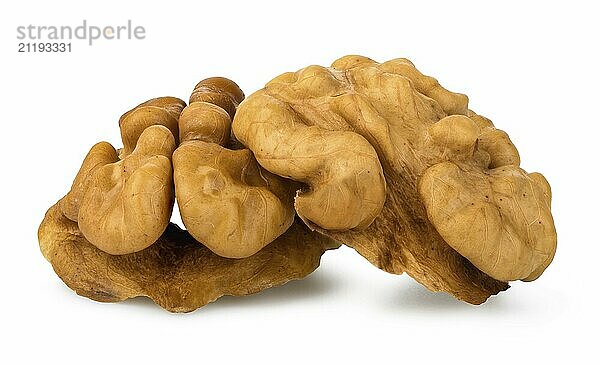 Two peeled walnuts isolated on a white background