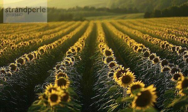 Closeup view on sunflower field  selective focus AI generated