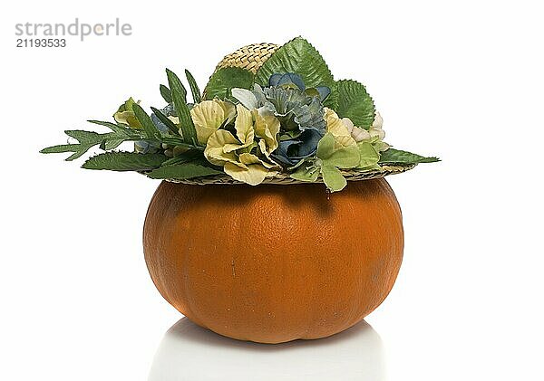 One big orange pumpkin with summer hat over white background