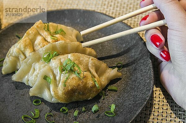 Beautiful gyoza or dumplings snack with soy sauce  selective focus  copy space