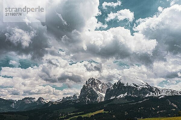 Panoramic view from the Seiser Alm to the Dolomites in Italy  drone shot