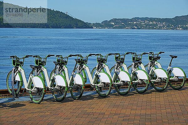 Group of green bicycles on the lakeshore overlooking a tranquil mountain landscape and blue water  Bergen  Vestland  Norway  Europe