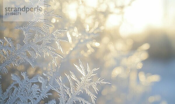 Eine Nahaufnahme eines schneebedeckten Baumzweigs mit Frost darauf. Der Zweig ist in Eis und Schnee bedeckt  und das Sonnenlicht scheint auf sie  die Schaffung einer schönen und heiteren Szene AI erzeugt  KI generiert