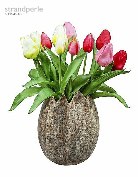 Spring deco with artificail tulips isolated on white in a vase