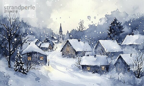 Ein Gemälde von einem verschneiten Dorf mit Häusern und einer Kirche. Die Stimmung des Gemäldes ist friedlich und heiter KI erzeugt  KI generiert