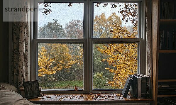 Gemütliche Ecke  großes Fenster  Blick auf einen verregneten Herbstwald  goldene Blätter AI generiert  KI generiert