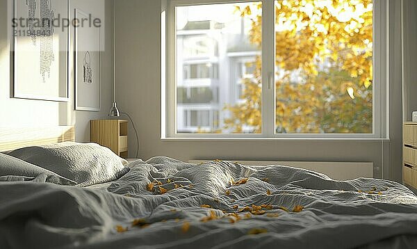 Minimalist Scandinavian bedroom with soft gray bedding  large windows and golden autumn leaves AI generated