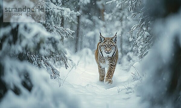 Eine kleine Katze läuft durch den Schnee in einem Wald. Die Katze ist braun und weiß  und sie genießt das Winterwetter. Die Szene ist friedlich und heiter KI erzeugt  KI generiert