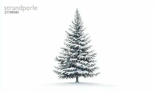 A white background with a large evergreen tree in the foreground. The tree is covered in snow and he is the only thing visible in the image AI generated