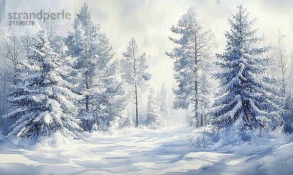 Ein Gemälde eines verschneiten Waldes mit Kiefern. Die Bäume sind mit Schnee bedeckt und der Himmel ist bewölkt. Die Stimmung des Gemäldes ist friedlich und heiter KI erzeugt  KI generiert