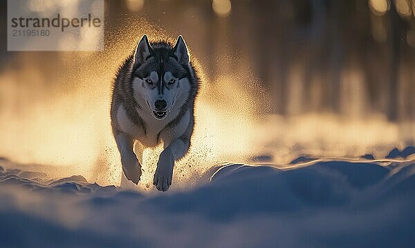 Ein Hund läuft durch den Schnee mit seinem Fell fliegen in der Luft. Konzept der Freiheit und Verspieltheit  wie der Hund genießt seine Zeit im Freien im Winterwetter AI erzeugt  KI generiert