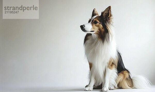 A Scottish Collie sitting elegantly in a studio with a plain white background AI generated