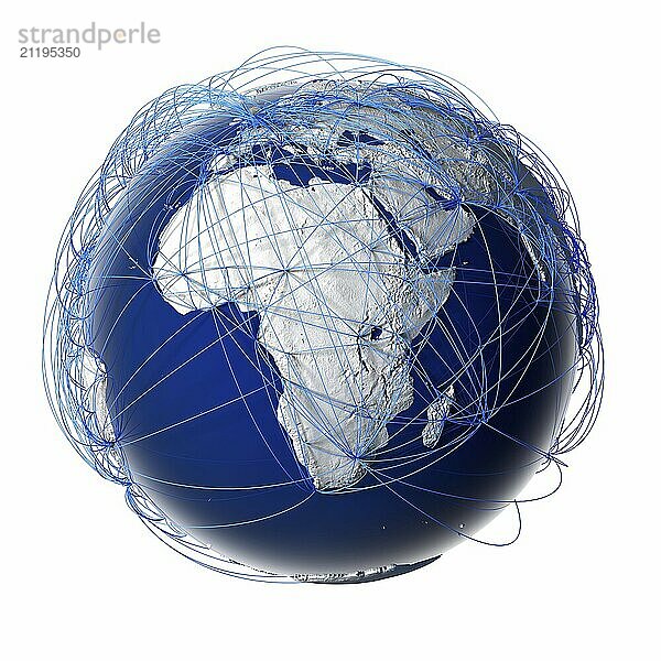 Erde mit stilisierten Kontinenten  umgeben von einem drahtgebundenen Netz  das den weltweiten Flugverkehr symbolisiert  der auf realen Daten über die Beförderung von Passagieren und Flugrichtungen beruht. vor weißem Hintergrund