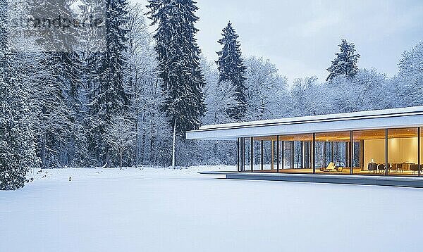 Ein großes weißes Haus mit einem langen Glasdach steht auf einem verschneiten Feld. Das Haus ist von Bäumen und dem schneebedeckten Boden umgeben. Die Szene hat eine friedliche und heitere Atmosphäre KI erzeugt  KI generiert